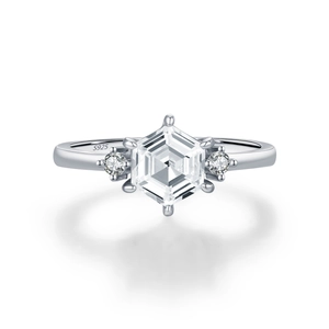 S925 sterling silver ring with hexagonal emerald cut gemstone and round side stones