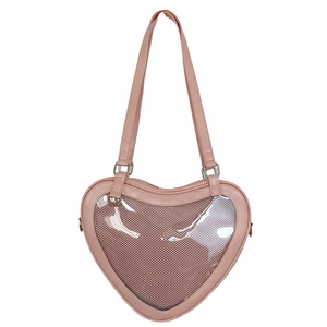 Pink heart-shaped ita bag with clear PVC window and adjustable leather shoulder strap