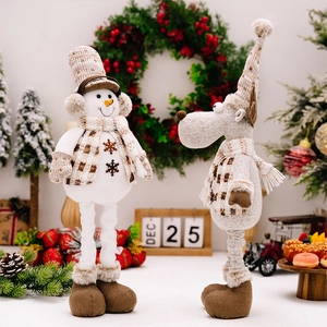 Detailed view of telescopic Christmas plush dolls featuring reindeer and snowman decor
