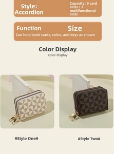 Detail of accordion-style card holder showing double zipper and geometric Y-pattern
