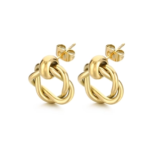Polished gold double-loop knot stud earrings with minimalist interlocking geometric design