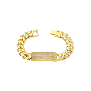 Men Hip Hop Cuban Chain Bracelet Alloy Rhinestone Encrusted Geometric ID Plate Fashion Jewelry