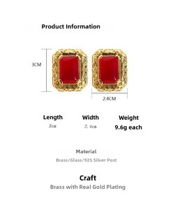Detail showing red glass vintage earrings with brass gold plating and size dimensions