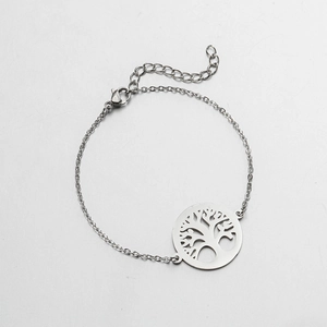 Detail of silver stainless steel Tree of Life pendant with O-chain and lobster clasp closure