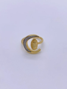 Detail of 18K gold-plated ring with Virgin Mary emblem and sparkling zircon stones