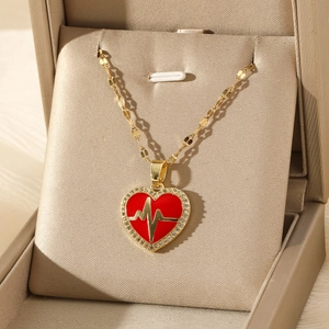 Stainless Steel Red Heart Necklace For Women Rhinestone ECG Pattern French Retro Lip Chain Fashion Jewelry Necklace