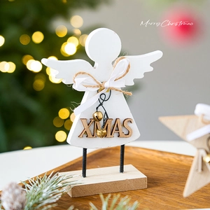 Minimalist white wooden Christmas angel figurine with XMAS lettering and gold bell decor