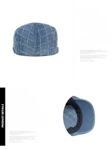 Detail of quilted denim beret showing diamond pattern and adjustable metal buckle strap