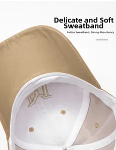 Detail of soft cotton sweatband and breathable stitching on the khaki baseball cap