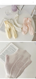 Detailed view of the breathable hollow mesh texture and frilly lettuce trim on cotton socks