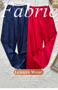 Gros plan sur un pantalon d'intérieur en satin à jambes larges en rouge et bleu