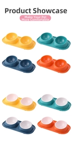 Detailed grid showing eight color variations of the spill-proof double pet food bowl set