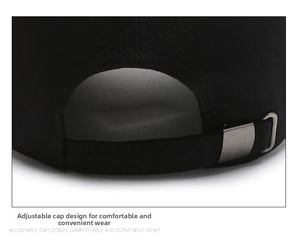 Detail of adjustable black cotton baseball cap with silver metal buckle closure