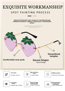 Detail view of strawberry-shaped sunglasses with pink lenses and green leaf accents