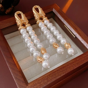 Vintage Long Tassel Earrings With Double Row Artificial Pearl And Silver Earring Post Luxury Retro Style For Women