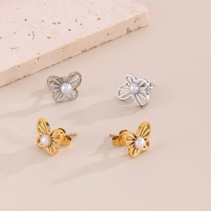 Hollow butterfly earrings with shell pearls in gold and silver stainless steel sets
