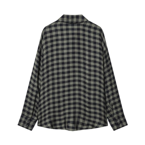 Flat lay back view of a dark green and black plaid long sleeve shirt on white background