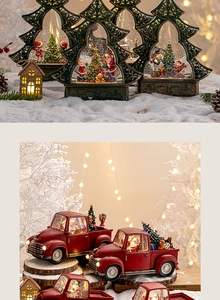 Detail of Christmas LED snow globes featuring vintage truck and tree designs for holiday decor
