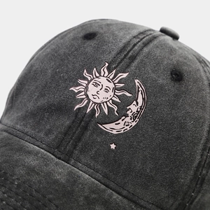 Washed dark grey cotton baseball cap with pink sun and moon embroidery for couples