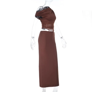 Detail of off-shoulder mesh brown bodycon maxi dress set on a mannequin with ruched fabric