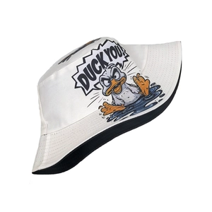 Detail of canvas bucket hat featuring creative angry duck cartoon and 'DUCK YOU' text