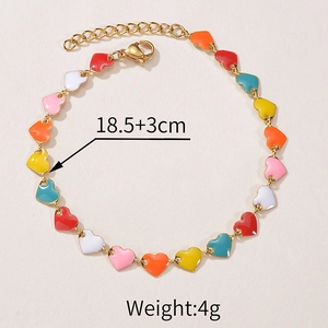 Detail of colorful enamel heart chain bracelet showing 18.5+3cm length and 4g weight
