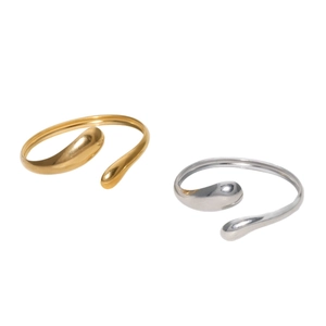 Minimalist teardrop open rings in polished 18k gold and silver stainless steel finishes
