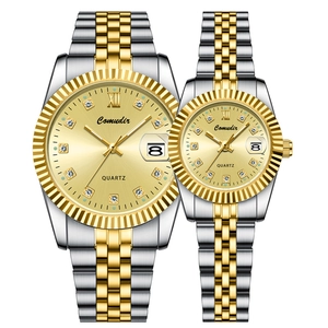 Luminous couple watches in two-tone metal with gold dial and magnifying date window