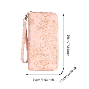 Pink embossed floral long wallet for women with zipper closure and dimensions display