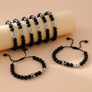 Matte Black Glass Bead Bracelet With Silver Alloy Soccer Ball And Alphabet Letter Adjustable Woven Cord Men Sport Jewelry