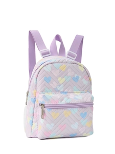 Detail of light purple quilted backpack featuring colorful heart patterns and zippers