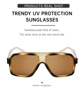 Detail shot of amber square sunglasses featuring propionate pin temples and UV protection