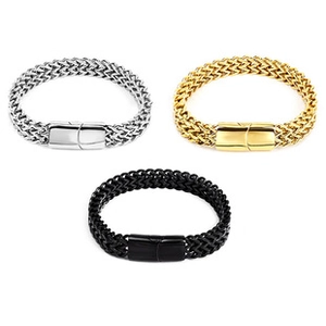 Detailed view of woven stainless steel mesh bracelets in silver, gold, and black colors
