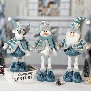 Three telescopic Christmas plush dolls including Santa and Snowman in blue holiday outfits