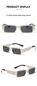 Detailed view of square silver metal sunglasses with grey lenses and black ear tips