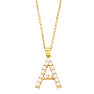 Golden necklace with a capital letter A pendant inlaid with white faux pearls