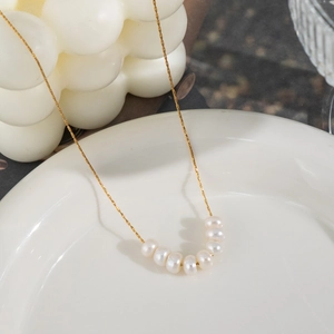Stainless Steel Necklace Artificial Baroque Pearl Smile Curved Pendant 18K Gold Plated Waterproof Elegant Jewelry For Women
