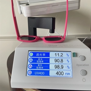 Testing UV400 protection and light transmission on pink thick frame sunglasses