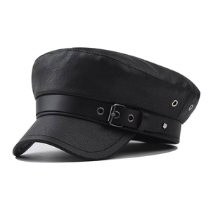 Vintage PU Leather Military Hat Flat Top Navy Cap With Metal Buckle And Eyelets For Women Retro Baker Boy Newsboy Hat