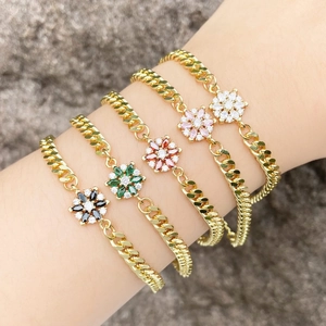 Flower Pendant Bracelet Gold Plated Copper Colorful Cubic Zirconia Cuban Link Chain Fashion Jewelry For Women