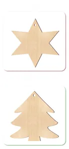 Detailed view of DIY wooden Christmas star and tree ornaments with natural wood grain