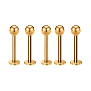 Detailansicht von fünf goldenen Lippensteckern aus Edelstahl mit poliertem Finish