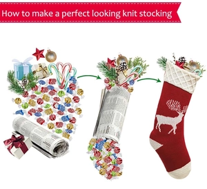 Three-step guide on how to stuff and shape a red knitted reindeer Christmas stocking