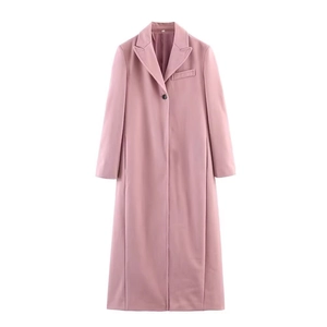 Cappotto Lungo Da Donna Rosa Aspetto Lana Poliestere Bottone Singolo Collo Revers Moda Capispalla Casual