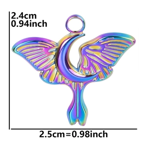 Detailed dimension view of iridescent stainless steel crescent moon wing pendant