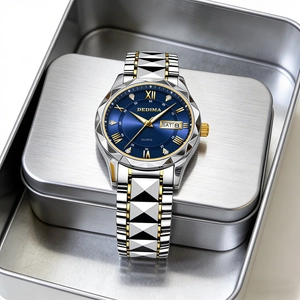 Detailed shot of two-tone quartz watch with blue dial in a metallic gift box