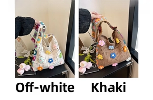 Detail of crochet tote bags in cream and khaki with colorful 3D flower decorations