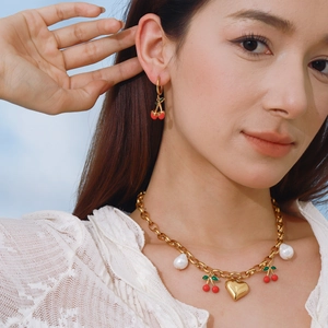 Women's gold stainless steel cherry jewelry set with pearls and heart charms