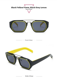 Retro rectangular sunglasses in black and yellow frame with dark grey lenses shown in detail