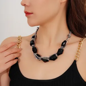 Statement Necklace With Black Faceted Acrylic Stone And Multi Layer Silver Color Iron Chain Punk Industrial Jewelry Women